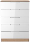 Milan White Gloss and Oak Effect 5 Drawer Chest