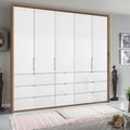 Rauch Erimo 254cm 5 Door Wardrobe with 9 Drawer - Artisan Oak and Crystal White Glass