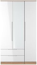 Milan White Gloss and Oak Effect 3 Door Tall Combi Wardrobe - 1 Mirror and LHF 2 Drawers