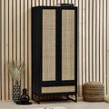 Padstow Double Wardrobe - 2 Door - 1 Drawer - Black and Rattan