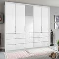 Rauch Erimo 254cm 5 Door Combi Wardrobe with 9 Drawer - Alpine White and Crystal White Glass