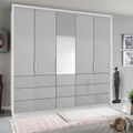Rauch Erimo 254cm 5 Door Combi Wardrobe with 9 Drawer - Alpine White and Silk Grey Glass