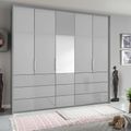 Rauch Erimo 254cm 5 Door Combi Wardrobe with 9 Drawer - Silk Grey and Silk Grey Glass