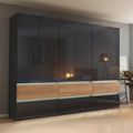Rauch Winnipeg 271cm 6 Door Wardrobe with Lighting - Metallic Dark Grey High Gloss and Halifax Oak