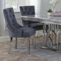 Lion Knocker Back Dining Chair - Grey Velvet Fabric - Chrome Legs