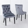 Knocker Back Grey Velvet Fabric Dining Chair with Black Wooden Legs