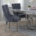Lion Knocker Back Grey Velvet Fabric Dining Chair with Chrome Legs