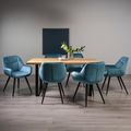Ramsay Oak Dining Table Set - 6 Seater - 160cm - U Leg - 6 Dali Petrol Blue Velvet Chairs