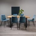 Ramsay Oak Dining Table Set - 6 Seater - 160cm - U Leg - 6 Mondrian Petrol Blue Velvet Chairs