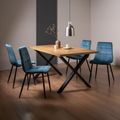 Ramsay Oak Dining Table Set - 6 Seater - 160cm - X Leg - 4 Mondrian Petrol Blue Velvet Chairs