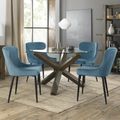 Turin Glass Round Dining Table - 4 Seater - 120cm - Dark Oak Legs - 4 Cezanne Petrol Blue Velvet Chairs - Black Legs