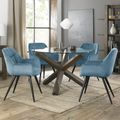 Turin Glass Round Dining Table - 4 Seater - 120cm - Dark Oak Legs - 4 Dali Petrol Blue Velvet Chairs