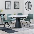 Carrara Dining Set - 4 Seater - 135cm - Round - White Ceramic - Extending - 4x Boden Swivel Dining Chairs - Green Fabric