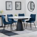 Carrara White Ceramic 4 Seater Round Extending Dining Set - 4 Corona Blue Fabric Dining Chair