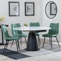Carrara White Ceramic 4 Seater Round Extending Dining Set - 4 Corona Green Fabric Dining Chair