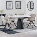 Carrara White Ceramic 4 Seater Round Extending Dining Set - 4 Ion Beige Velvet Fabric Swivel Dining Chair