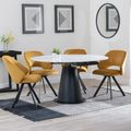 Carrara Dining Set - 4 Seater - 135cm - Round - White Ceramic - Extending - 4x Ion Swivel Dining Chairs - Mustard Velvet Fabric