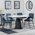 Carrara White Ceramic 4 Seater Round Extending Dining Set - 4 Peyton Blue Fabric Dining Chair
