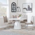 Carrera 4 Seater White Marble Round Dining Set - 4 Bianco Beige Faux Leather Dining Chair