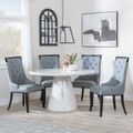 Carrera 4 Seater White Marble Round Dining Set - 4 Carmela Grey Leather Dining Chair