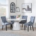 Carrera 4 Seater White Marble Round Dining Set - 4 Knocker Back Grey Velvet Fabric Dining Chair with Black Wooden Legs