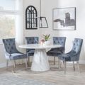 Carrera 4 Seater White Marble Round Dining Set - 4 Knocker Back Grey Velvet Fabric Dining Chair with Chrome Legs