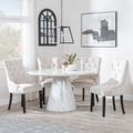 Carrera 4 Seater White Marble Round Dining Set - 4 Lion Knocker Back Champagne Velvet Fabric Dining Chair with Black Wooden Legs