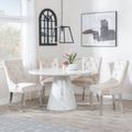 Carrera 4 Seater White Marble Round Dining Set - 4 Lion Knocker Back Champagne Velvet Fabric Dining Chair with Chrome Legs