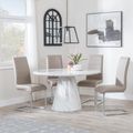 Carrera 4 Seater White Marble Round Dining Set - 4 Roma Beige Faux Leather Dining Chair