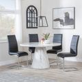 Carrera 4 Seater White Marble Round Dining Set - 4 Roma Black Faux Leather Dining Chair