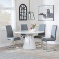 Carrera 4 Seater White Marble Round Dining Set - 4 Roma Grey Faux Leather Dining Chair