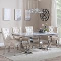 Glacier Grey Marble and Chrome Dining Set - Lion Knocker Back Champagne Velvet Fabric Dining Chair with Chrome Legs