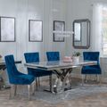 Lisbon Grey Marble and Chrome Dining Set - Knocker Back Blue Velvet Fabric Dining Chair with Chrome Legs