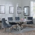 Lisbon Grey Marble and Chrome Dining Set - Lion Knocker Back Grey Velvet Fabric Dining Chair with Chrome Legs
