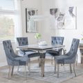 Louis 4 Seater Grey Marble and Chrome Square Dining Set - 4 Knocker Back Grey Velvet Fabric Dining Chair with Chrome Legs