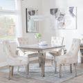 Louis 4 Seater Grey Marble and Chrome Square Dining Set - 4 Lion Knocker Back Champagne Velvet Fabric Dining Chair with Chrome Legs