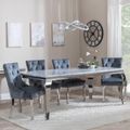 Louis Grey Marble and Chrome Dining Set - Lion Knocker Back Grey Velvet Fabric Dining Chair with Chrome Legs