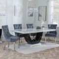 Madrid White Marble Dining Set - Knocker Back Grey Velvet Fabric Dining Chair with Chrome Legs