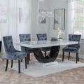 Madrid White Marble Dining Set - Lion Knocker Back Grey Velvet Fabric Dining Chair with Black Wooden Legs