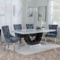 Madrid White Marble Dining Set - Lion Knocker Back Grey Velvet Fabric Dining Chair with Chrome Legs