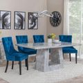 Milan Grey Marble Dining Set - Lion Knocker Back Blue Velvet Fabric Dining Chair with Black Wooden Legs