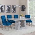 Milan Grey Marble Dining Set - Lion Knocker Back Blue Velvet Fabric Dining Chair with Chrome Legs