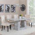 Milan Grey Marble Dining Set - Lion Knocker Back Champagne Velvet Fabric Dining Chair with Black Wooden Legs