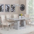 Milan Grey Marble Dining Set - Lion Knocker Back Champagne Velvet Fabric Dining Chair with Chrome Legs