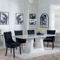 Milan White Marble Dining Set - Lion Knocker Back Black Velvet Fabric Dining Chair with Black Wooden Legs