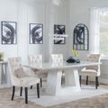 Milan White Marble Dining Set - Lion Knocker Back Champagne Velvet Fabric Dining Chair with Black Wooden Legs