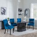 Naples Black Marble Dining Set - Knocker Back Blue Velvet Fabric Dining Chair with Black Wooden Legs