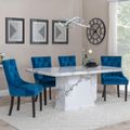 Naples White Marble Dining Set - Knocker Back Blue Velvet Fabric Dining Chair with Black Wooden Legs