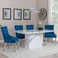 Naples White Marble Dining Set - Lion Knocker Back Blue Velvet Fabric Dining Chair with Chrome Legs