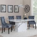 Naples White Marble Dining Set - Lion Knocker Back Grey Velvet Fabric Dining Chair with Black Wooden Legs